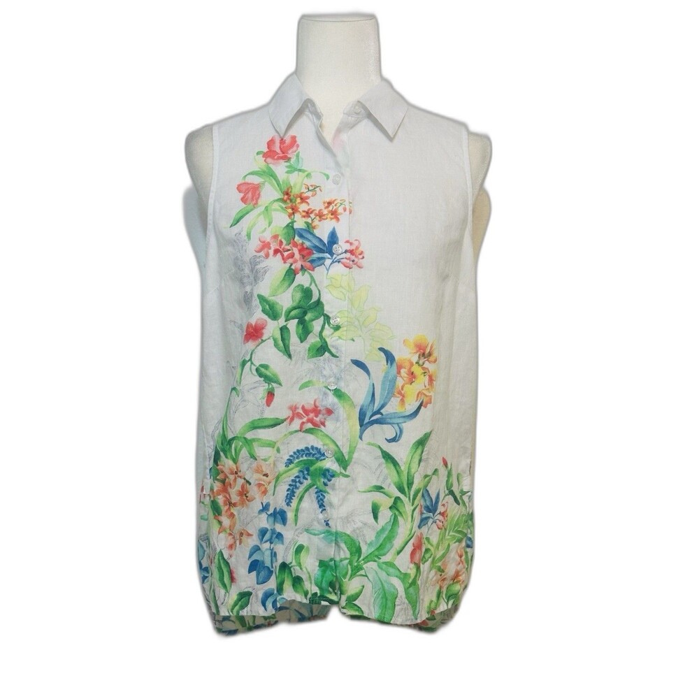 Tommy Bahama Women Size XS Floral Linen Sleeveless Button-Up Blouse Resort Wear